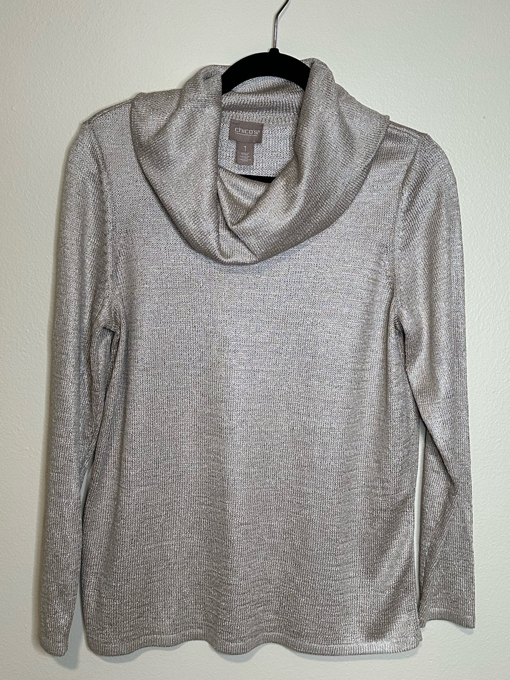 Chicos Size 1 (8-10) cowl neck, long sleeve, neutral color tunic length top.